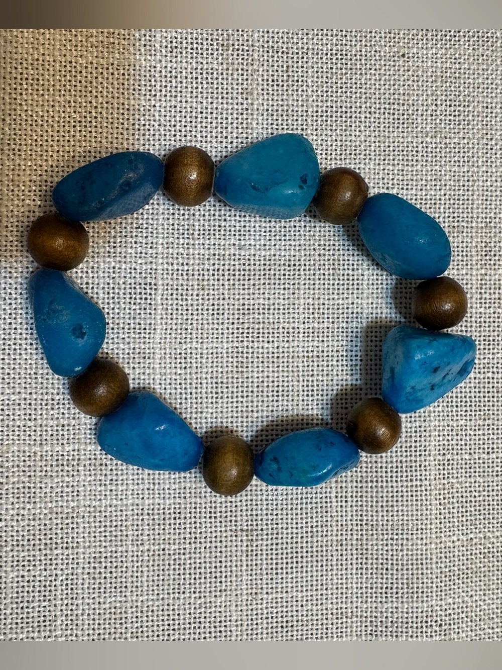 Turquoise Blue Beaded Stretch Bracelet with Wooden Accents
